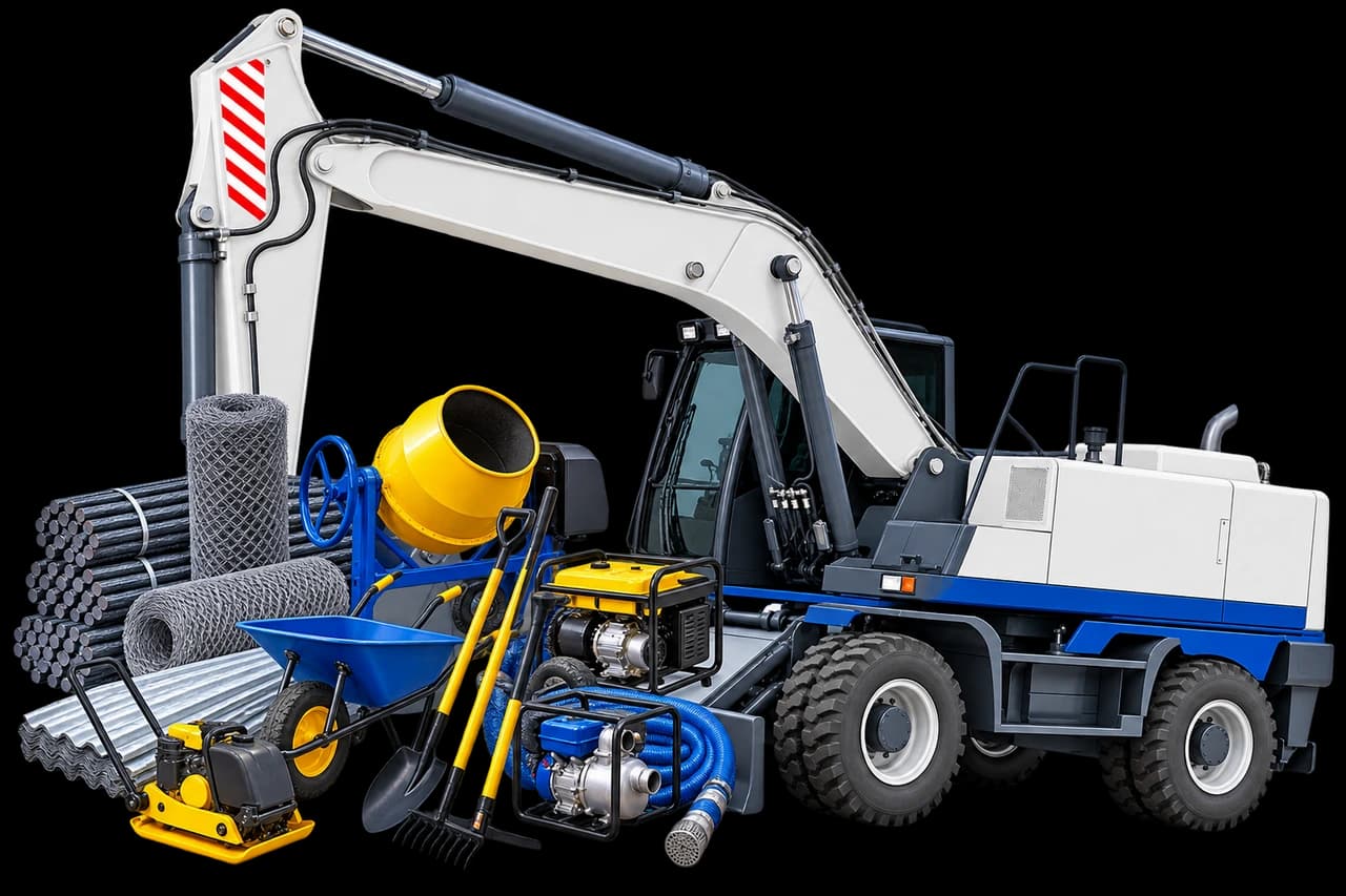 Construction equipment available through BLC, including an excavator, concrete mixer, compactor, pump, generator and site materials