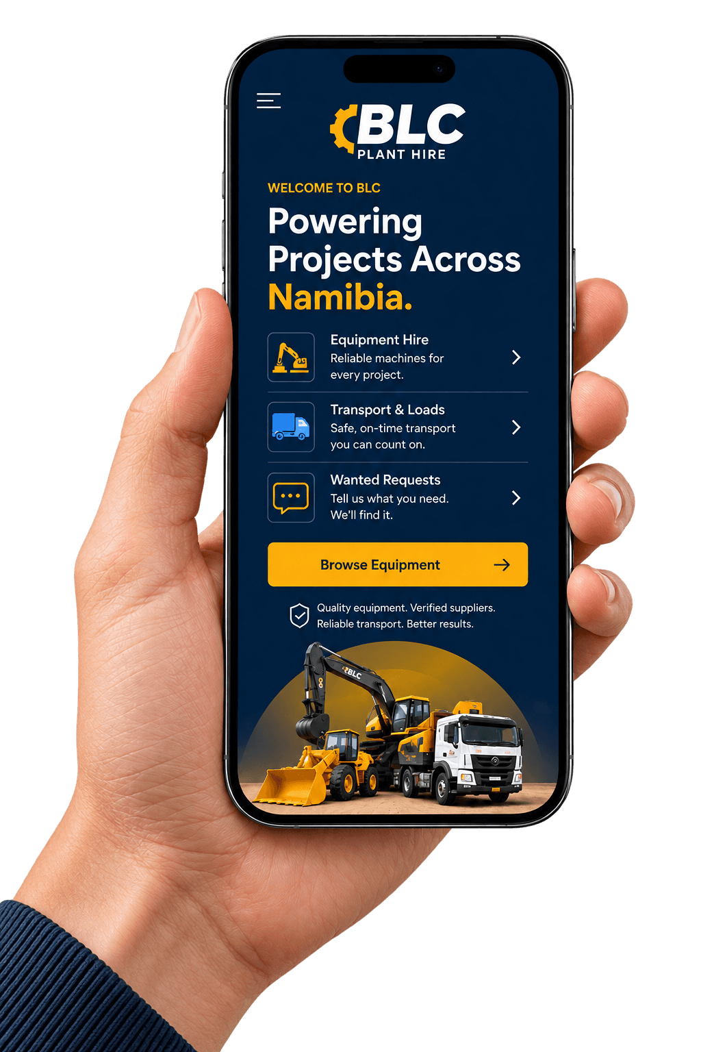BLC Plant Hire mobile app displayed on a phone held in hand